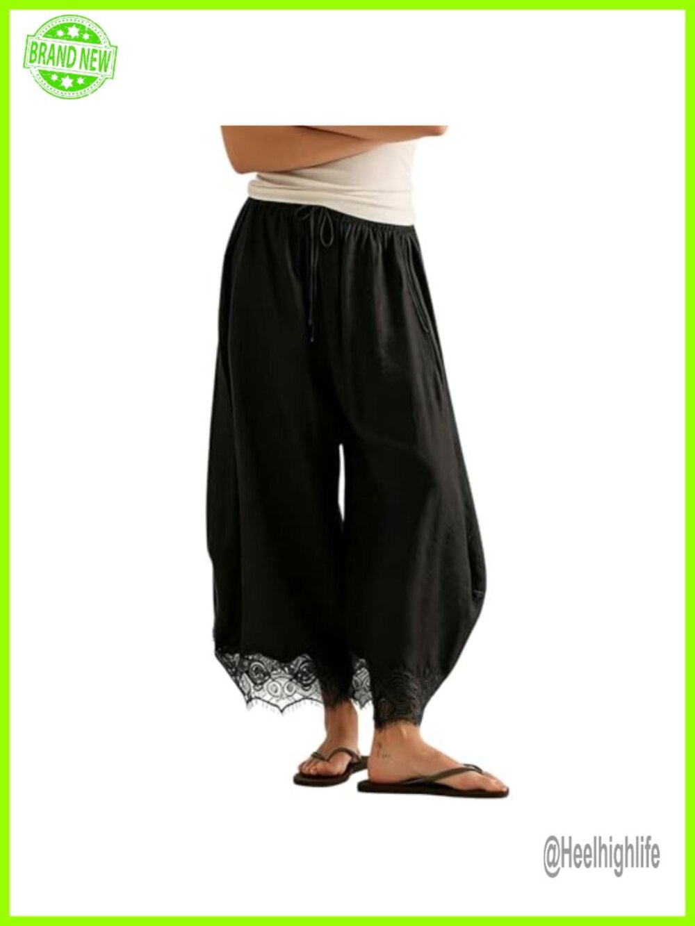 Women's Lace Hem Wide Leg Palazzo Pants Drawstring High Waist Boho Beach